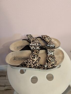 Mephisto Metallic Black & Rose Gold Buckle Sandals